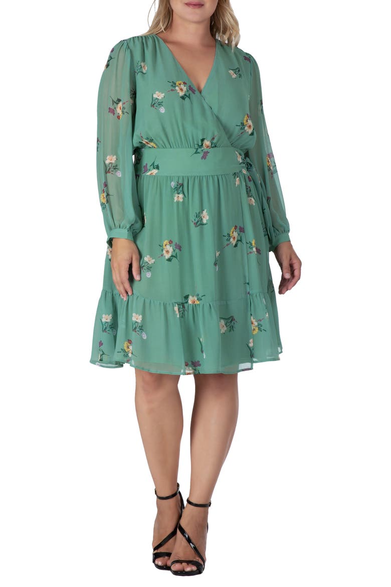 Long Sleeve Chiffon Wrap Dress, Main, color, SAGE GREEN FLORAL