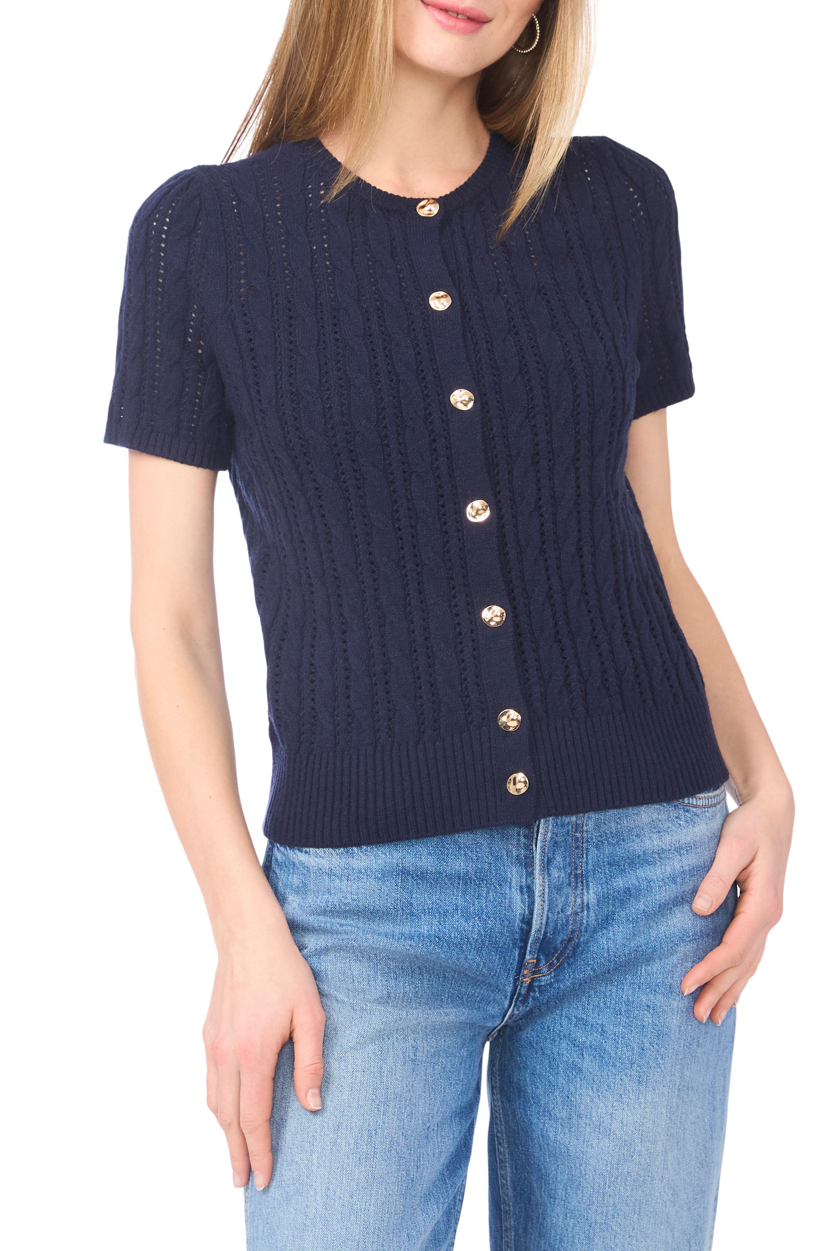 Short Sleeve Pointelle Knit Sweater - image 3