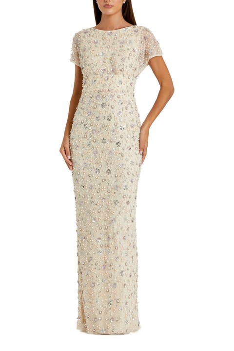 Pearl Sequin Embellished Cap Sleeve Column Gown