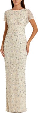 Mac Duggal Pearl Sequin Embellished Cap Sleeve Column Gown