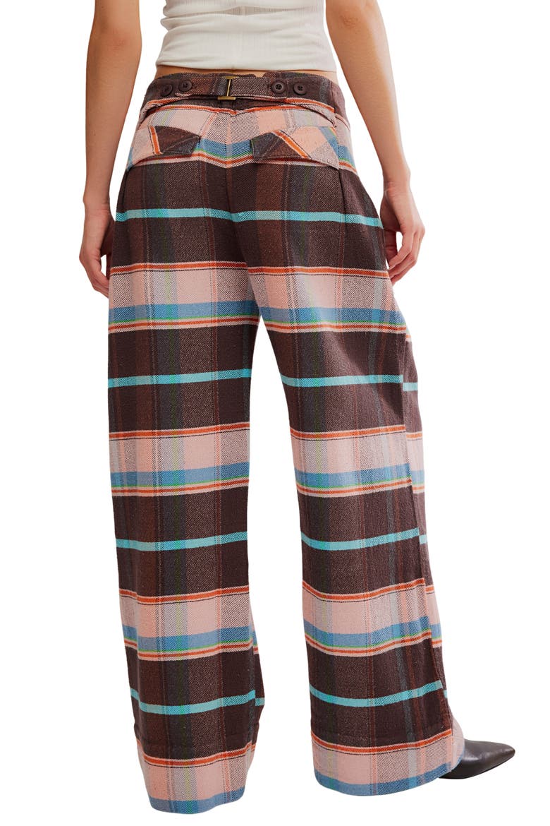 Plaid Back Buckle Cotton Pants, Alternate, color, BROWN COMBO