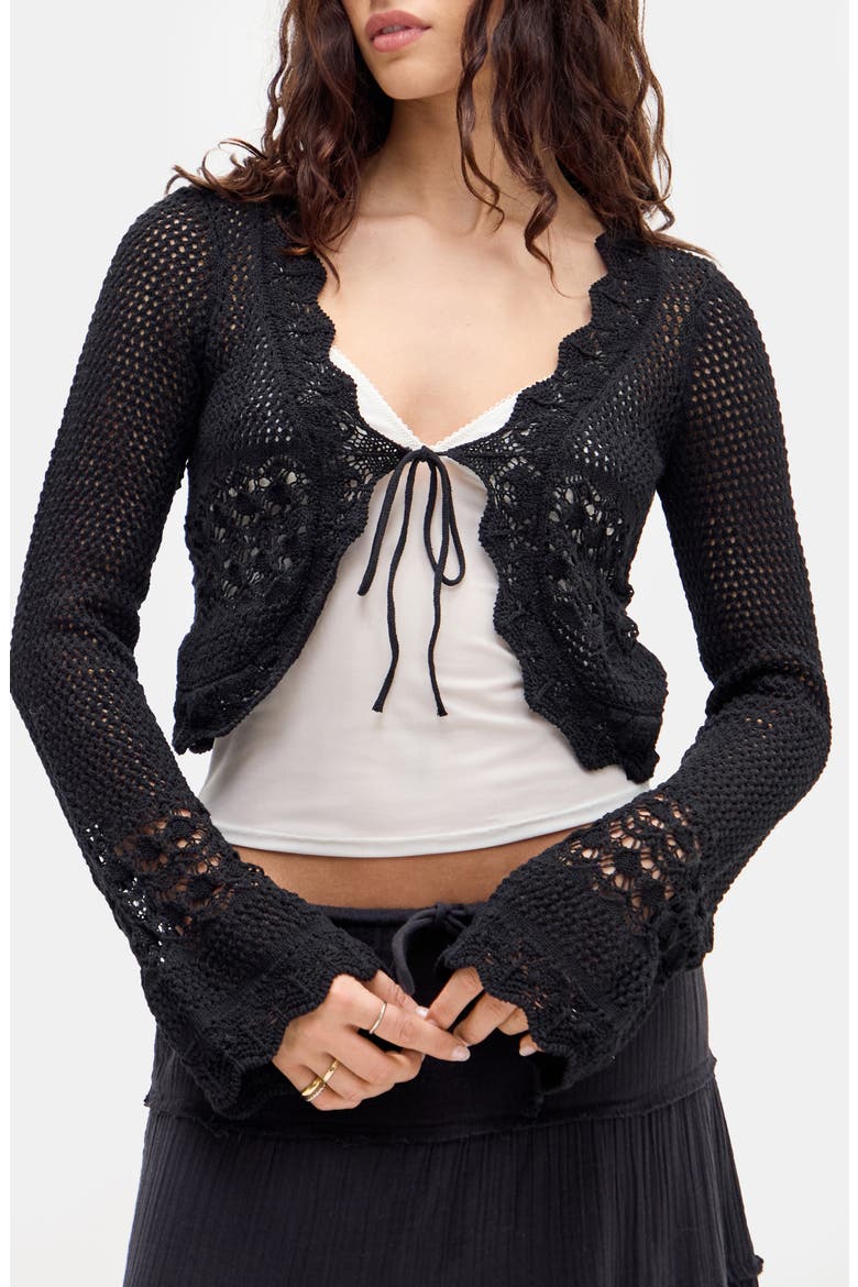 Open Stitch Tie Front Cardigan, Main, color, BLACK