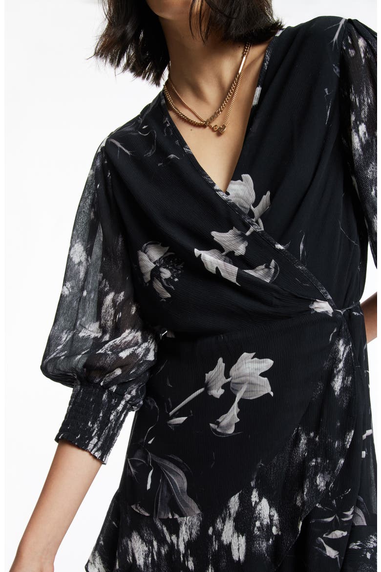 Ari Pauline Floral Print Faux Wrap Dress, Alternate, color, BLACK