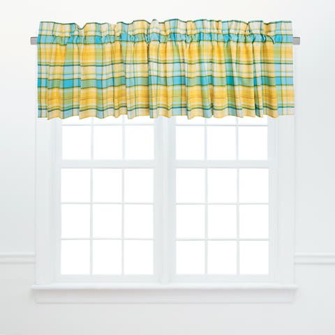 Citrus Mist Yellow & Blue Plaid 100% Cotton, Set of 2 Window Valances 15" x 72"