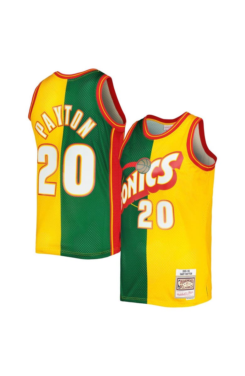 Mitchell & Ness Men's Mitchell & Ness Gary Payton Green/Gold Seattle SuperSonics Hardwood Classics 1995/96 Split Swingman Jersey, Main, color, Green