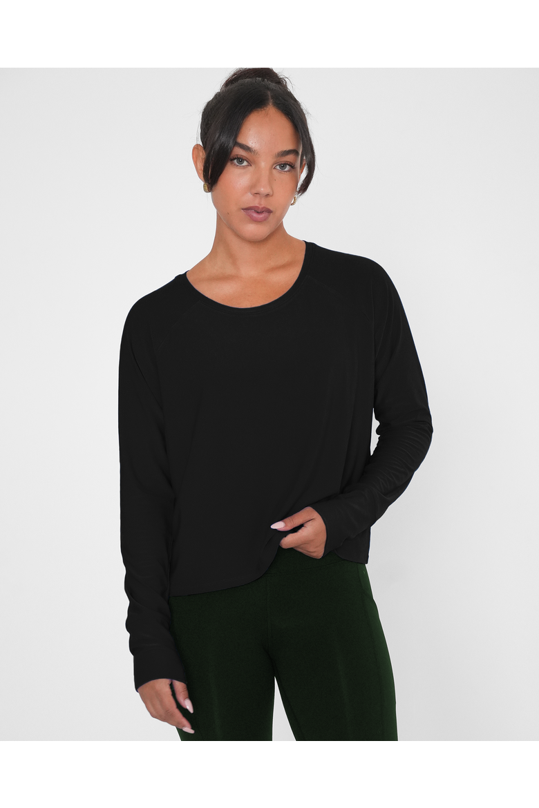 Sera Mid Length Boxy Nylon Long Sleeve Top, Main, color, Black