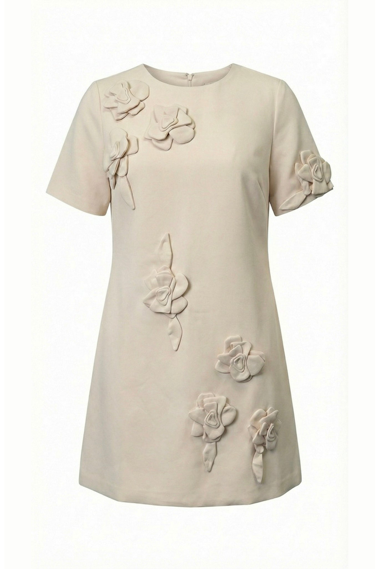 Floral Appliqué Mini Shift Dress, Alternate, color, Pale Beige