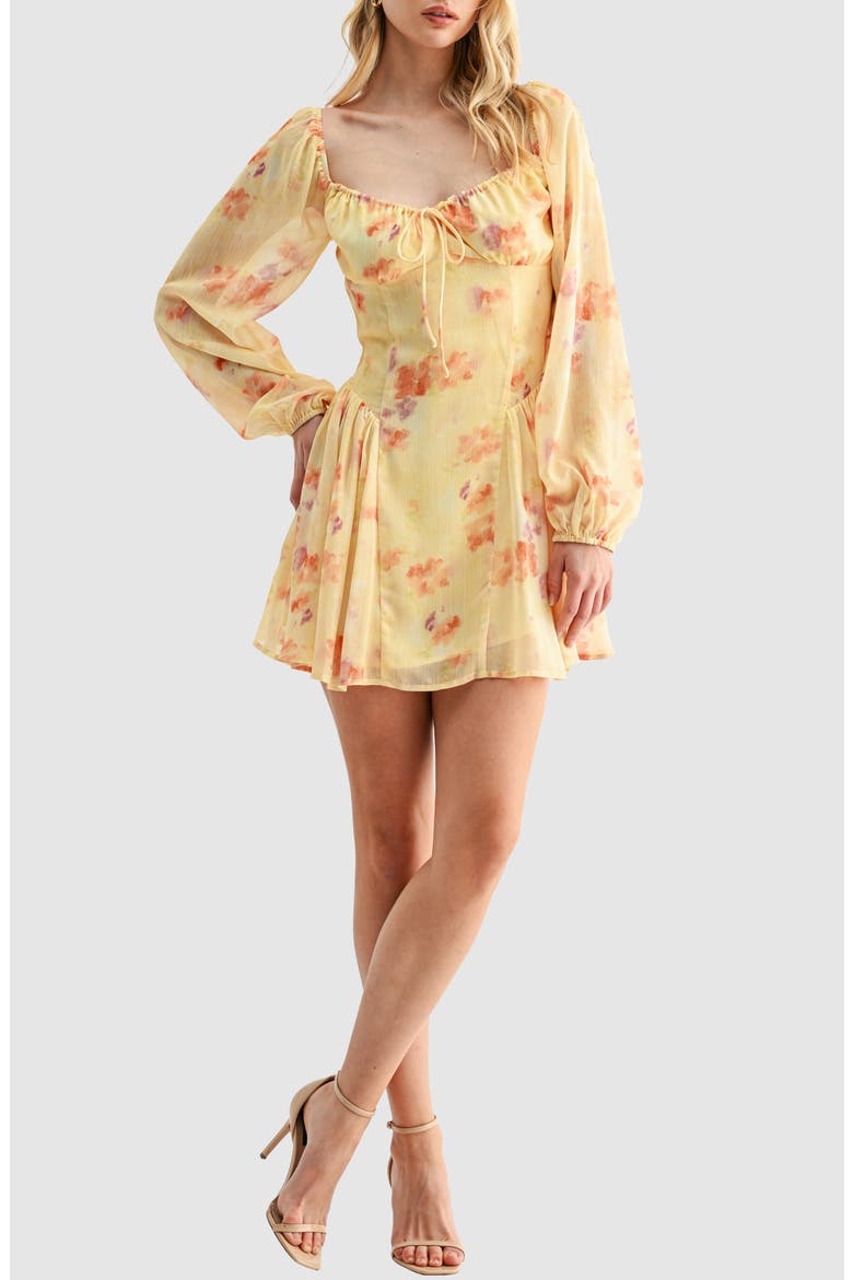 Floral Long Sleeve Chiffon Fit & Flare Minidress, Main, color, YELLOW FLORAL