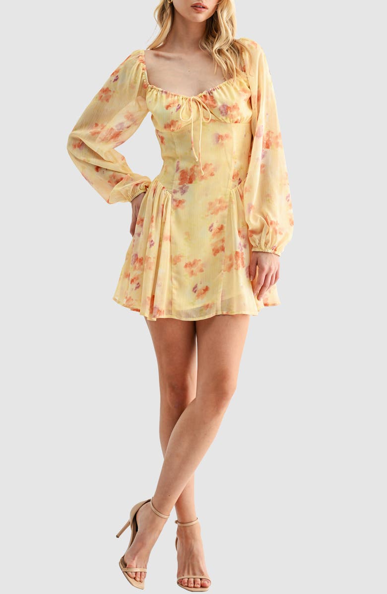 All in Favor Floral Long Sleeve Chiffon Fit & Flare Minidress, Main, color, Yellow Floral