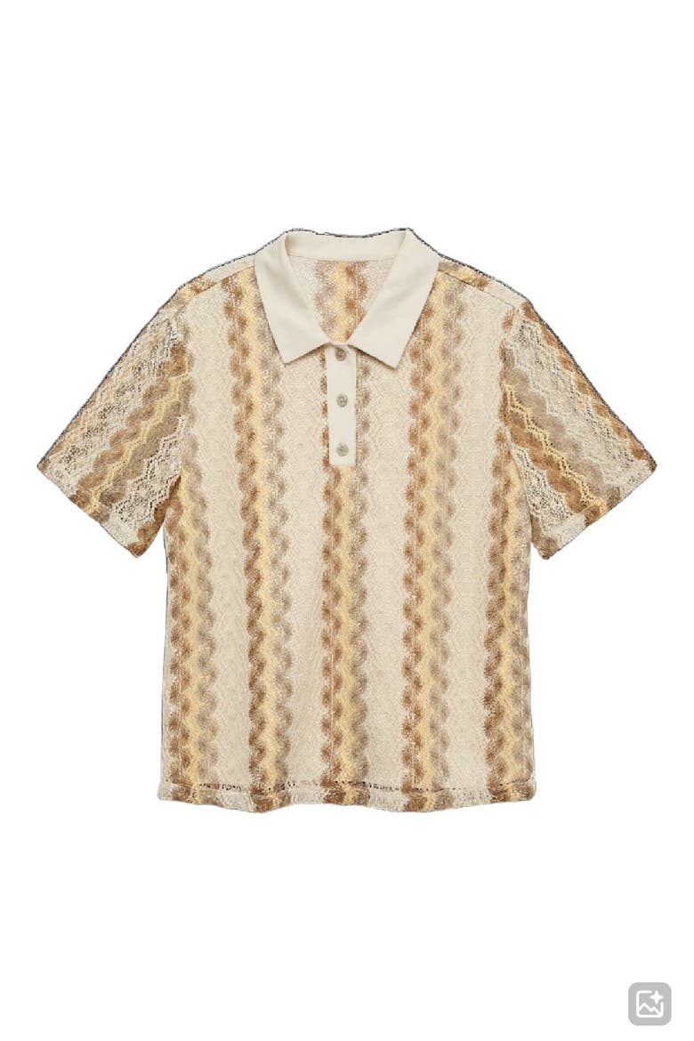 Teresa Chevron Openwork Knit Polo Top, Alternate, color, BIRCH PATTERN SILVER MINK GOLD