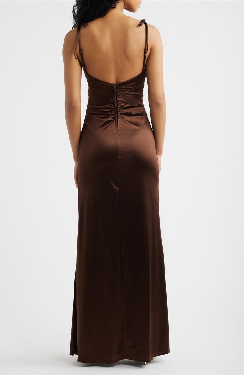 Emerald Sundae Emma Ruched Tie Strap Satin Gown, Alternate, color, Chocolate