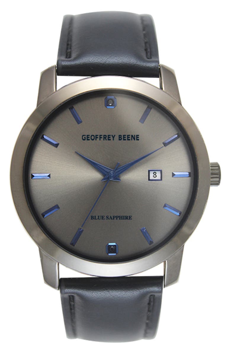 GEOFFREY BEENE Genuine Black Diamond Leather Strap Watch, 41mm - 0.001ct., Main, color, Gunmetal/ Black