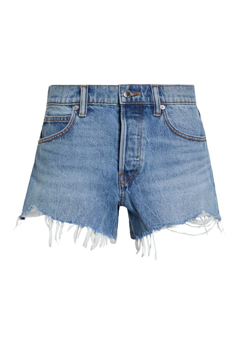 Hotfix Logo Relaxed Fit Cutoff Denim Shorts, Main, color, VINTAGE LIGHT INDIGO