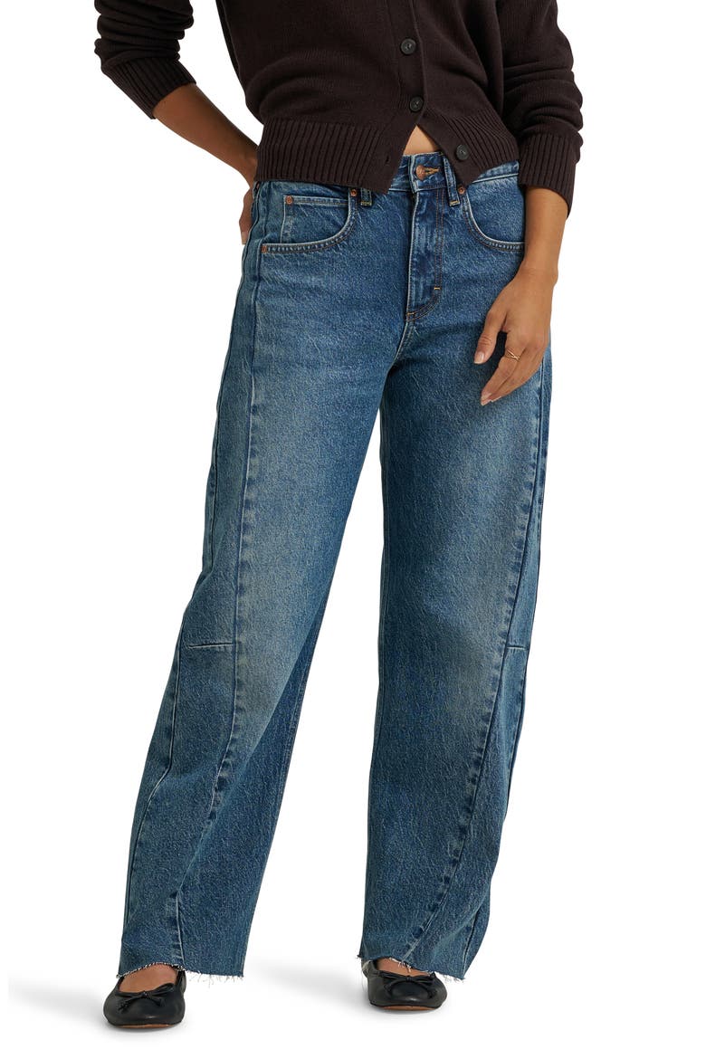 Rider Low Slung High Rise Raw Hem Barrel Leg Jeans, Main, color, GOING FORWARD