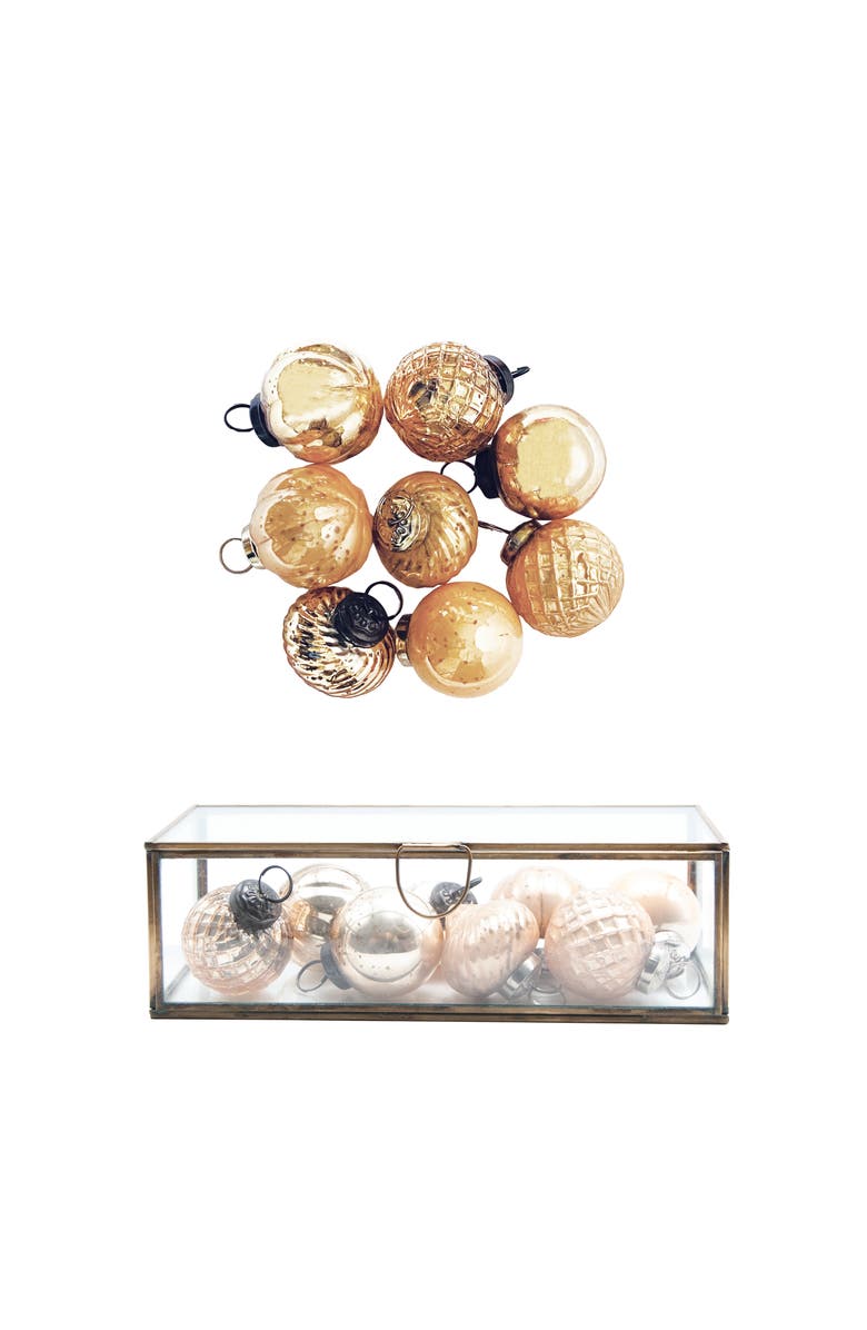 Storied Home Embossed Mercury Glass Ornaments in Brass and Glass Display Box, Antique Gold Finish and Blush, Main, color, 