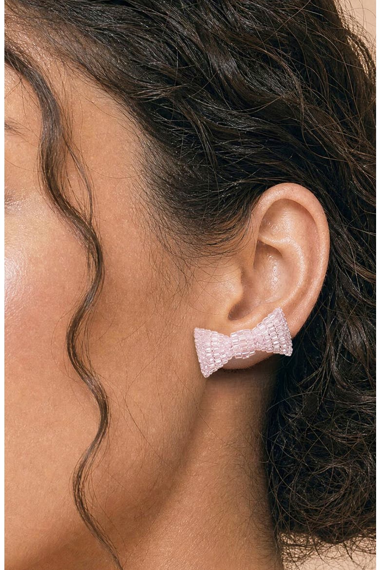 Beaded Bow Stud Earrings, Alternate, color, BABY PINK