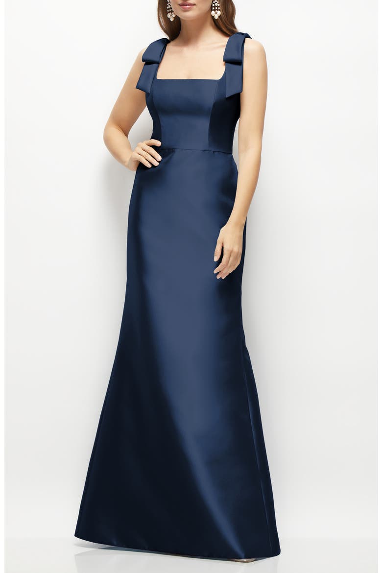 Bow Strap Satin Twill Trumpet Gown, Main, color, MIDNIGHT