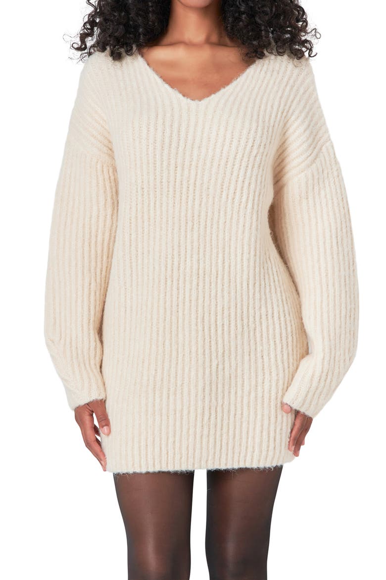 Oversize Long Sleeve Rib Sweater Minidress, Alternate, color, CREAM