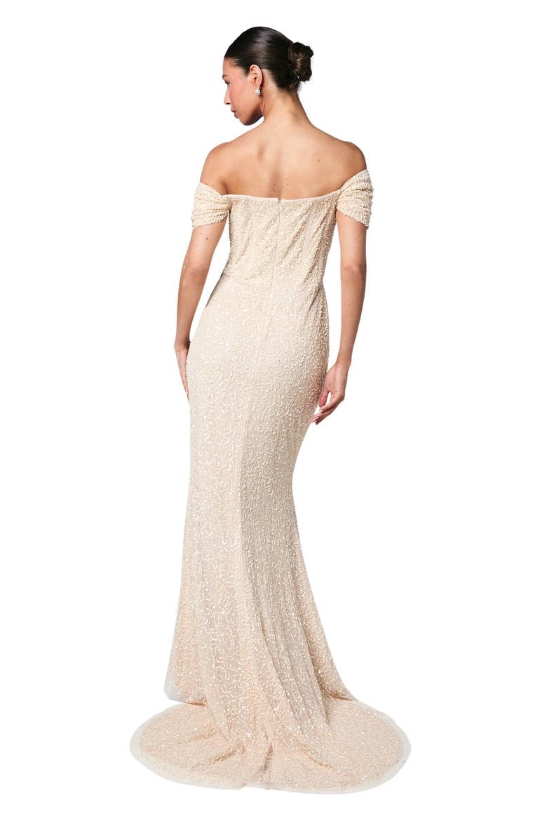 Sequin Bardot Maxi Bridesmaid Dress, Alternate, color, Champagne