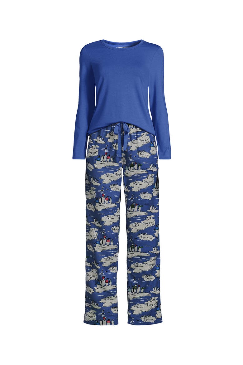 Pajama Set Knit Long Sleeve T-Shirt and Flannel Pants, Alternate, color, Cobalt Blue Holiday Penguins
