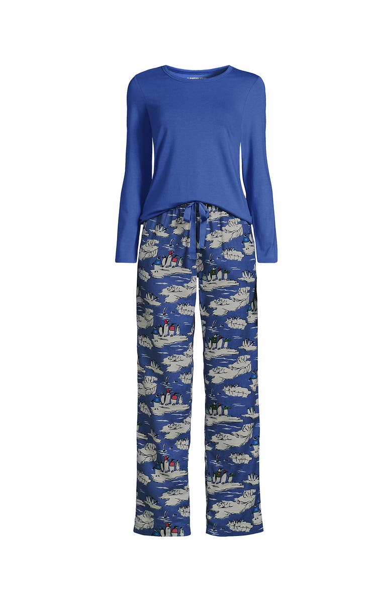 Lands' End Pajama Set Knit Long Sleeve T-Shirt and Flannel Pants, Alternate, color, Cobalt Blue Holiday Penguins