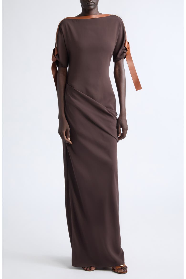 Leather Trim Jersey Maxi Dress, Main, color, EXPRESSO/ COGNAC