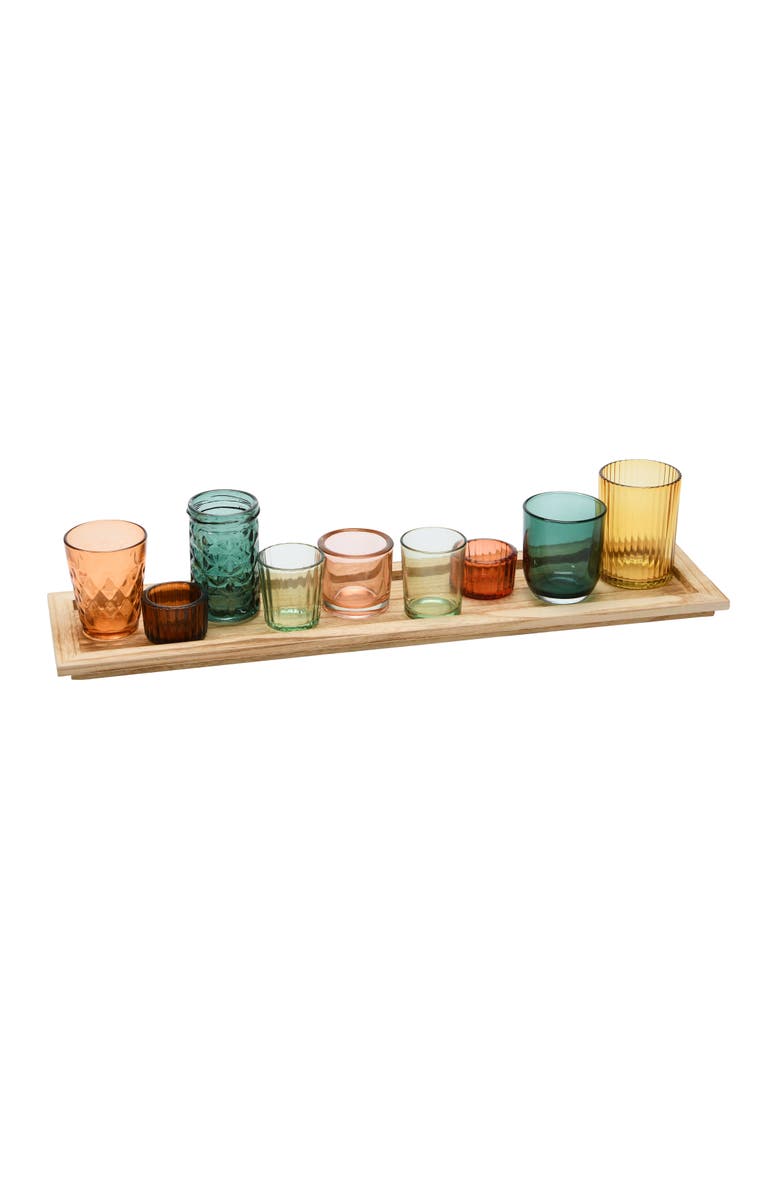 Storied Home Round Glass Votive Holders on Wood Tray, Multicolor, Set of 9, Main, color, Green