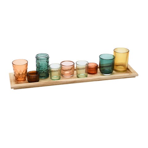 Round Glass Votive Holders on Wood Tray, Multicolor, Set of 9