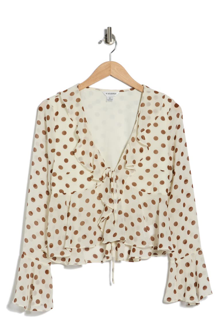 Polka Dot Ruffle Long Sleeve Top, Alternate, color, BROWN