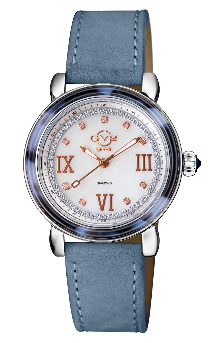 GV2 Marsala Tortoise Pattern Mother-of-Pearl Dial Diamond Suede Strap Watch, 36mm - 0.045 ctw., Main, color, Light Blue