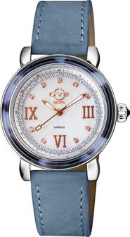 GV2 Marsala Tortoise Pattern Mother-of-Pearl Dial Diamond Suede Strap Watch, 36mm - 0.045 ctw.