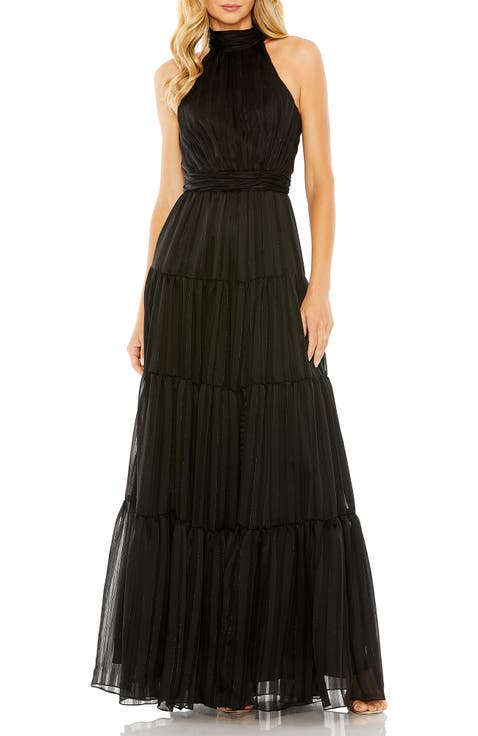 Pleated Bodice Tiered Tie Neck Halter Gown