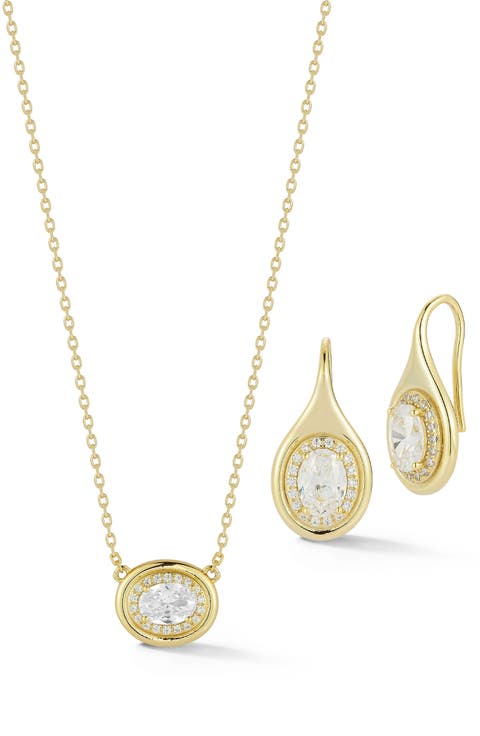 Cubic Zirconia Oval Pendant Necklace & Drop Earrings Set