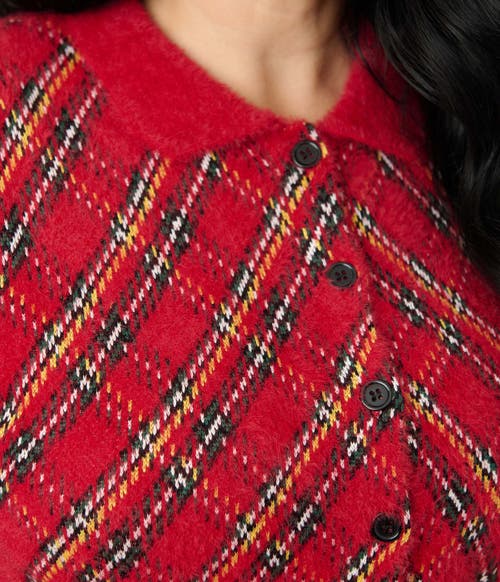 Unique Vintage Collared Knit Cardigan In Red