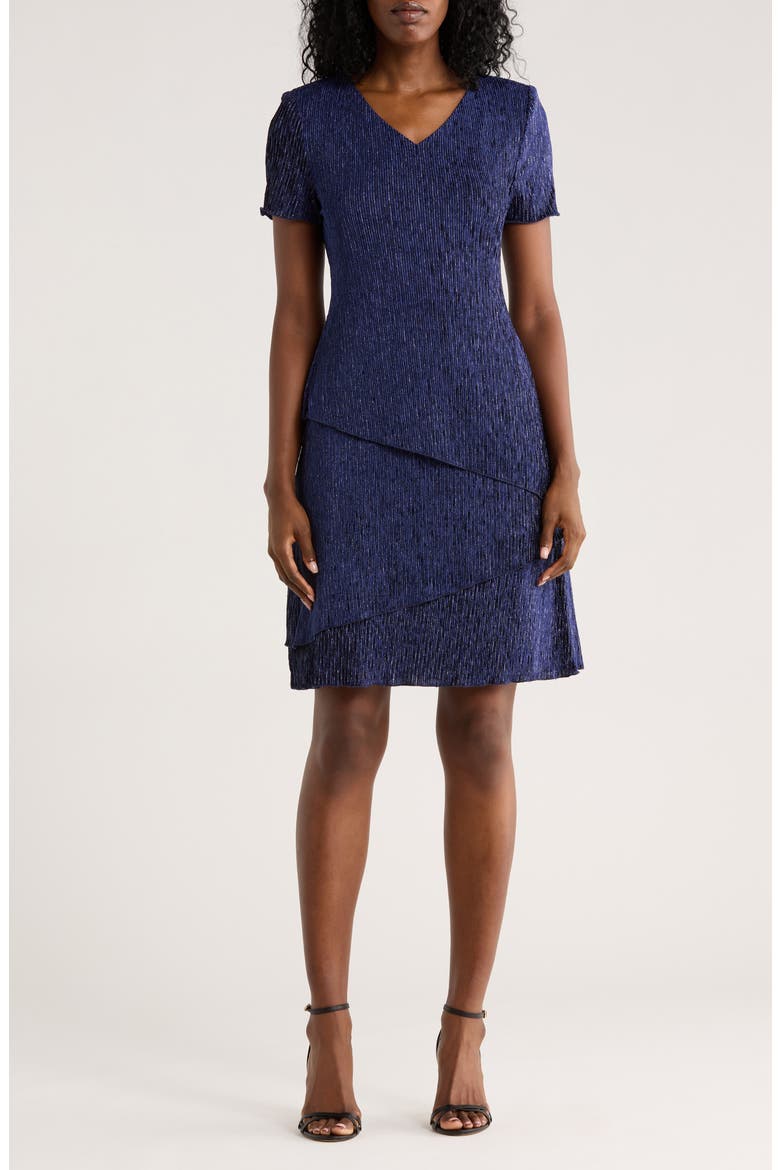 Short Sleeve Metallic Plissé Tiered Dress, Main, color, NAVY