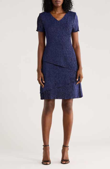 Connected Apparel Short Sleeve Metallic Plissé Tiered Dress