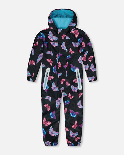 Little Girl's Printed Mid-Season One-Piece Outerwear Multicolored Butterflies On Black Background