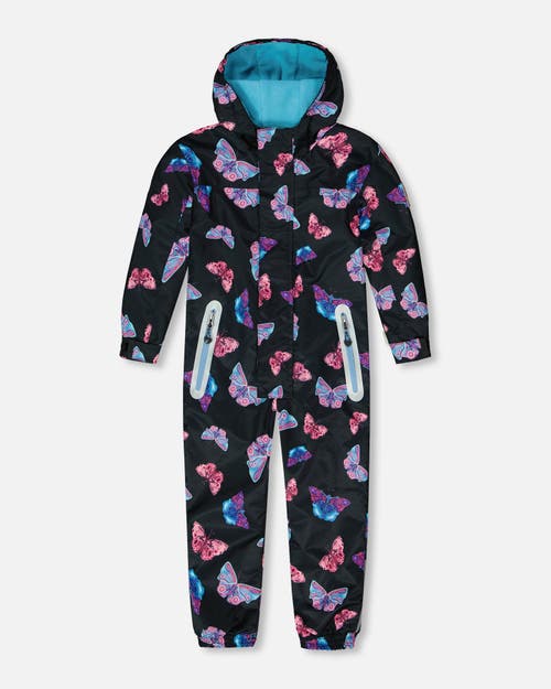 DEUX PAR DEUX DEUX PAR DEUX GIRL'S PRINTED MID-SEASON ONE-PIECE OUTERWEAR MULTICOLORED BUTTERFLIES ON BLACK BACKGR 