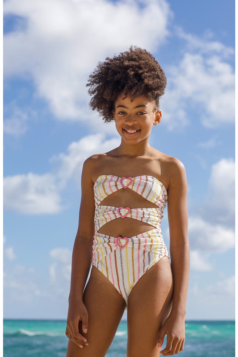 Multi-Color Striped Cutout Heart-Shaped Buckles One-Piece Swimsuit, Alternate, color, Beige