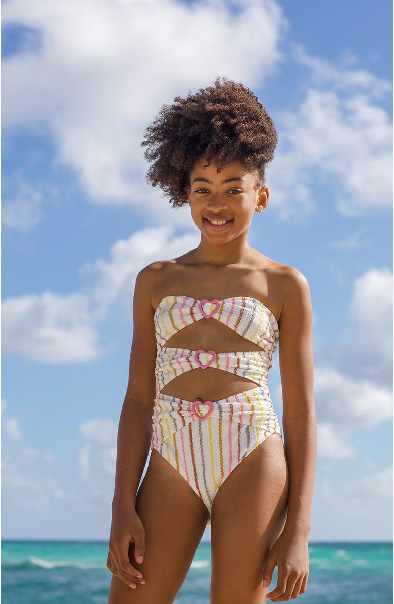 NESSI BYRD Multi-Color Striped Cutout Heart-Shaped Buckles One-Piece Swimsuit, Alternate, color, Beige