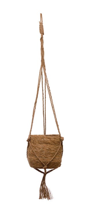 Round Hanging Straw Planter with Long Jute Rope and Tassel