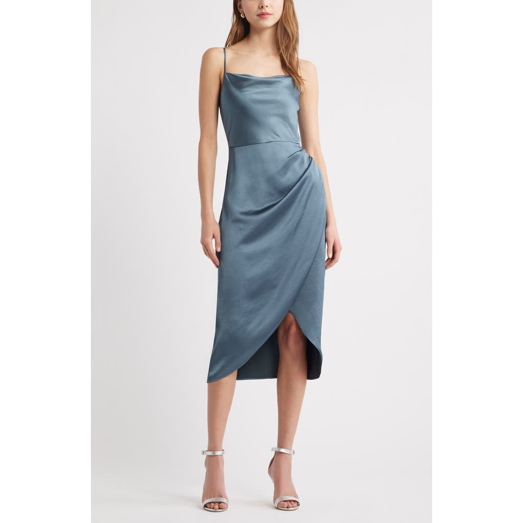 Open Edit Cowl Neck Satin Midi Dress In Blue Weather