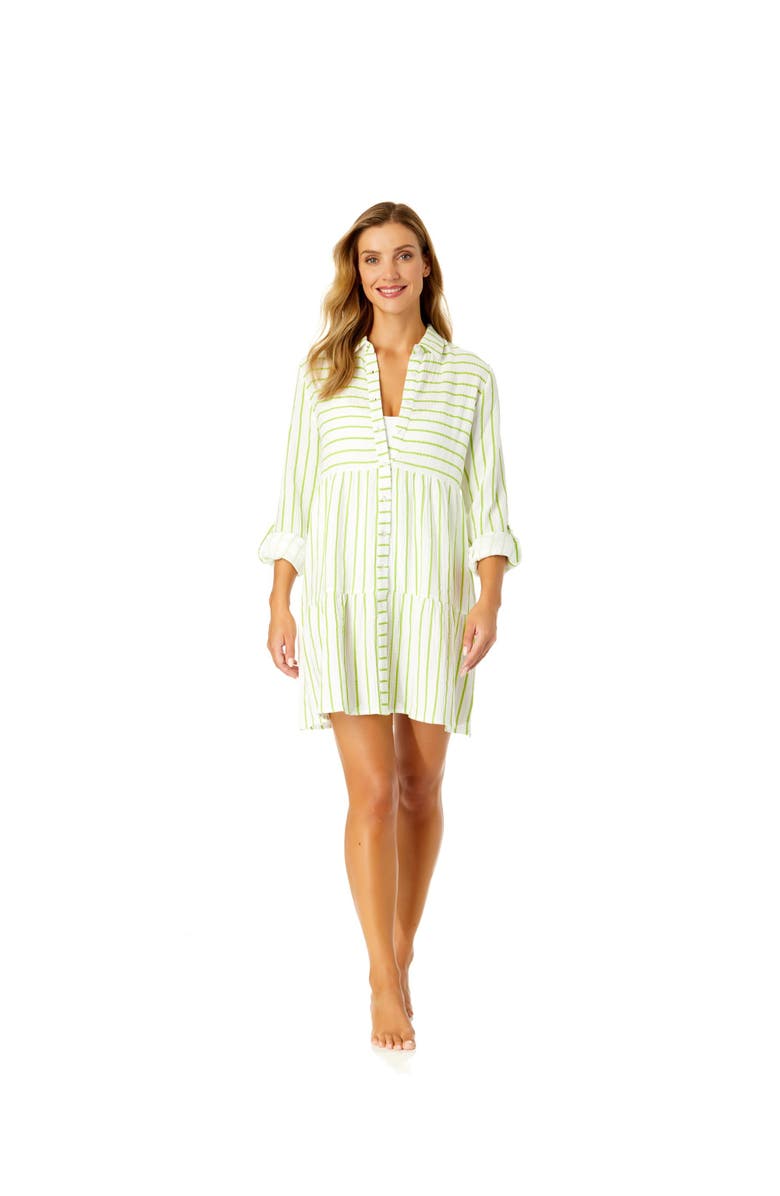 Anne Cole Women's Button Front Long Sleeve Tiered Dress Cover Up, Alternate, color, Lime Stripe