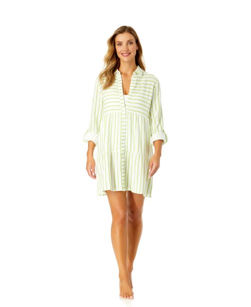 Anne Cole Button Front Long Sleeve Tiered Dress Cover Up In Lime Stripe