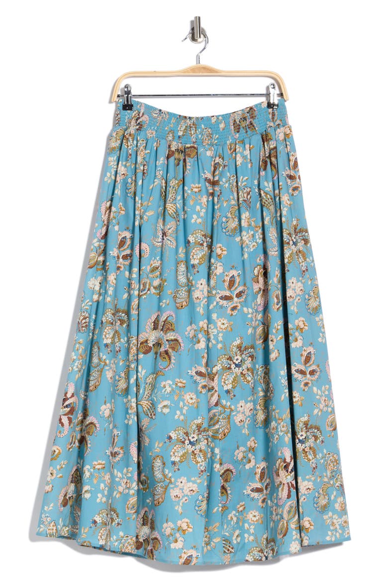 Floral Paisley Smocked Waist Stretch Cotton Skirt, Main, color, DREAM GARDEN PRINT