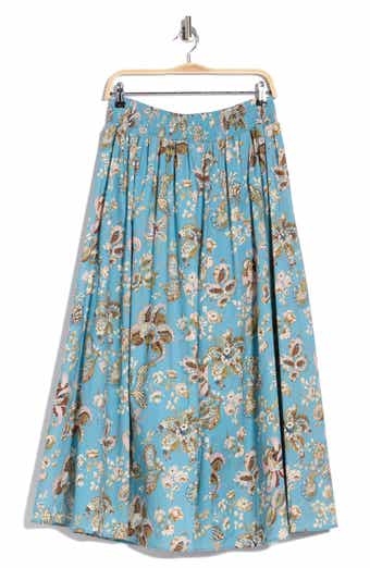 Floral Paisley Smocked Waist Stretch Cotton Skirt