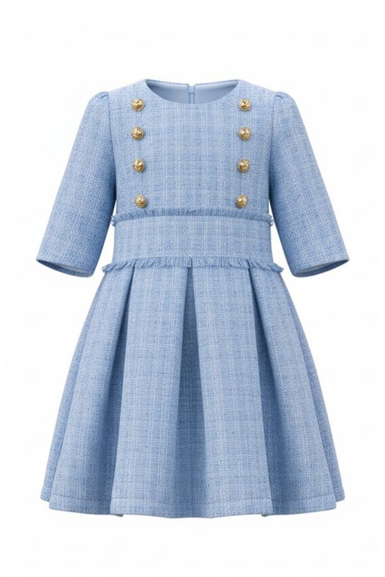 Bluebell Pearl Button Tweed Party Dress, Main, color, Blue