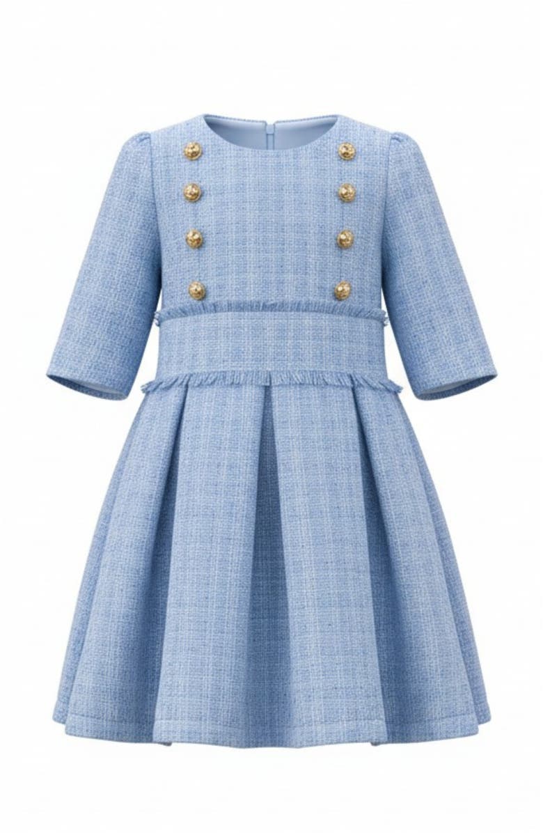 Mia Belle Girls Bluebell Pearl Button Tweed Party Dress, Main, color, Blue