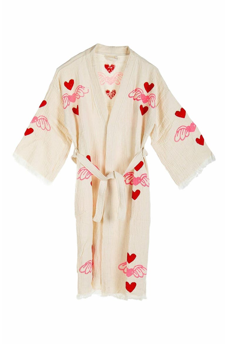 Valentine - Red Hearts Handmade Cotton Robe Cover-Up, Main, color, Off-White