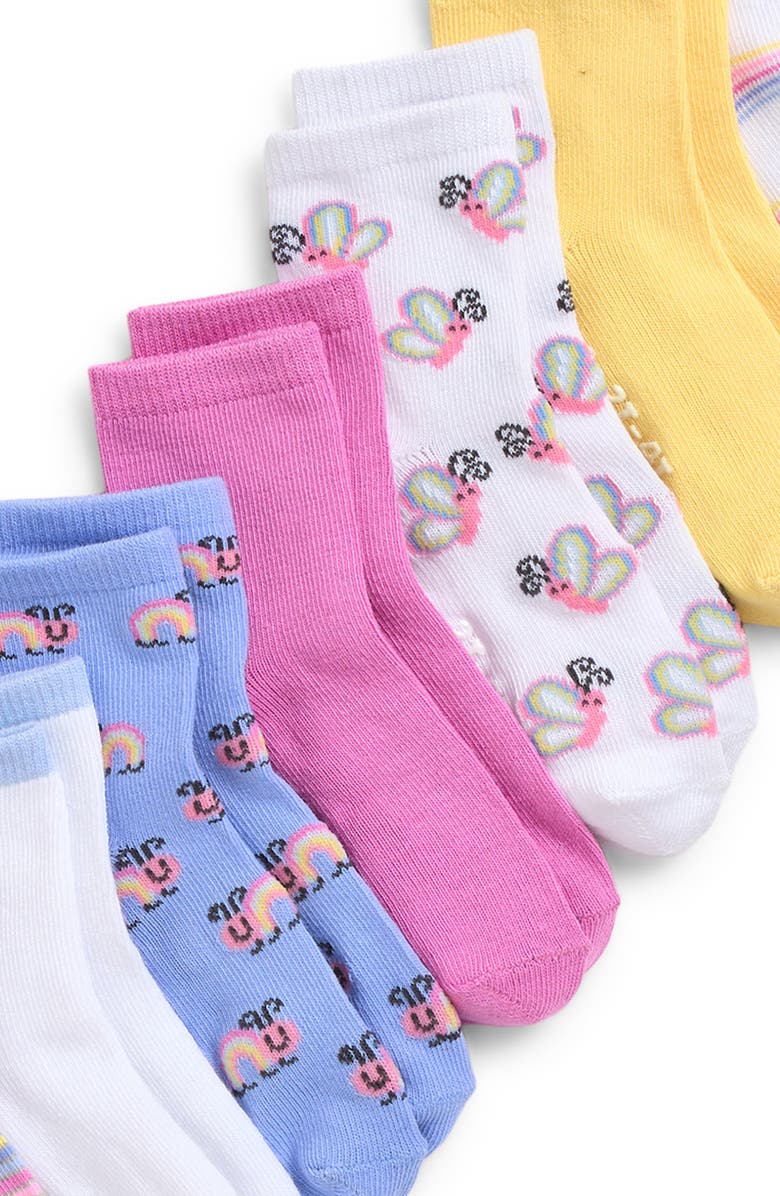 Capelli New York Kids' Rainbow Insects Assorted 10-Pack Gripper Crew Socks, Alternate, color, Pink Multi Combo